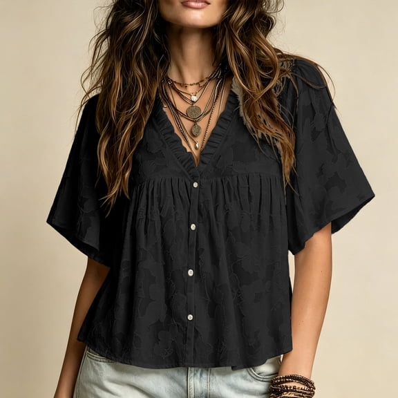 ClodeEU Women's V Neck Flutter Short Sleeve Babydoll Blouse,Casual Loose Peplum Summer Tunic Top Black,Women's Plus L