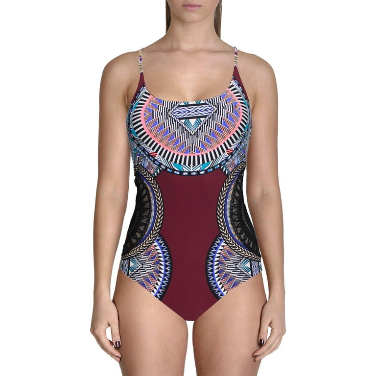Red Carter Womens Printed Crochet Trim One Piece Swimsuit