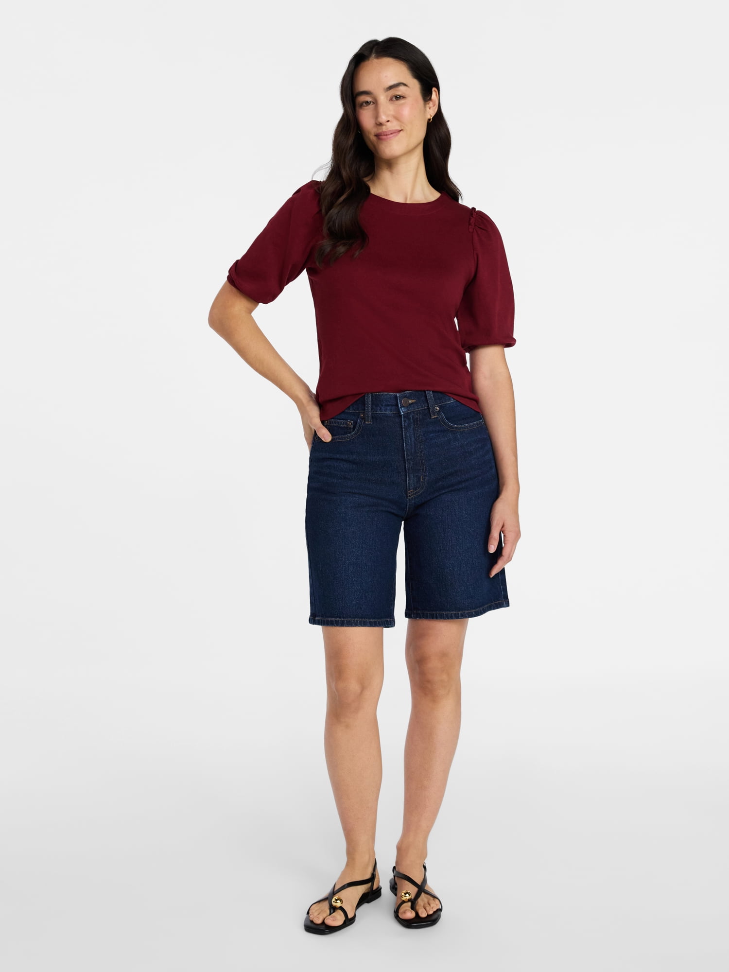 Time and Tru Women's Cotton Crewneck Tee with Puff Sleeves, Sizes XS-XXXL