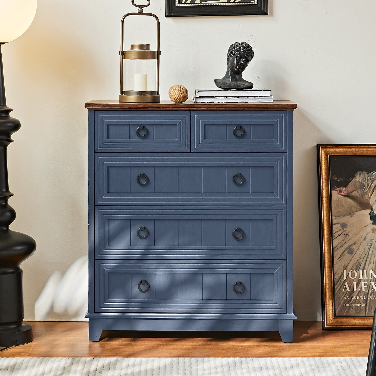 5 Drawer Blue Bedroom Dresser, Modern Vertical Dresser Drawers Wood Organizer for Living Room Entryway Small Spaces