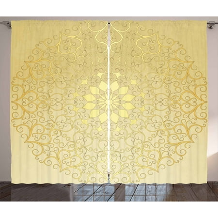 Pale Yellow Curtains And Drapes Gold Mandala Curtains 2 Panels Set, Round Antique Motif Curvy Stylized Ornate Heart Shape Arabesque Influences, Window Drapes for Living Room Bedroom, 108W X 63L Inches, Pale Yellow, by Ambesonne ()