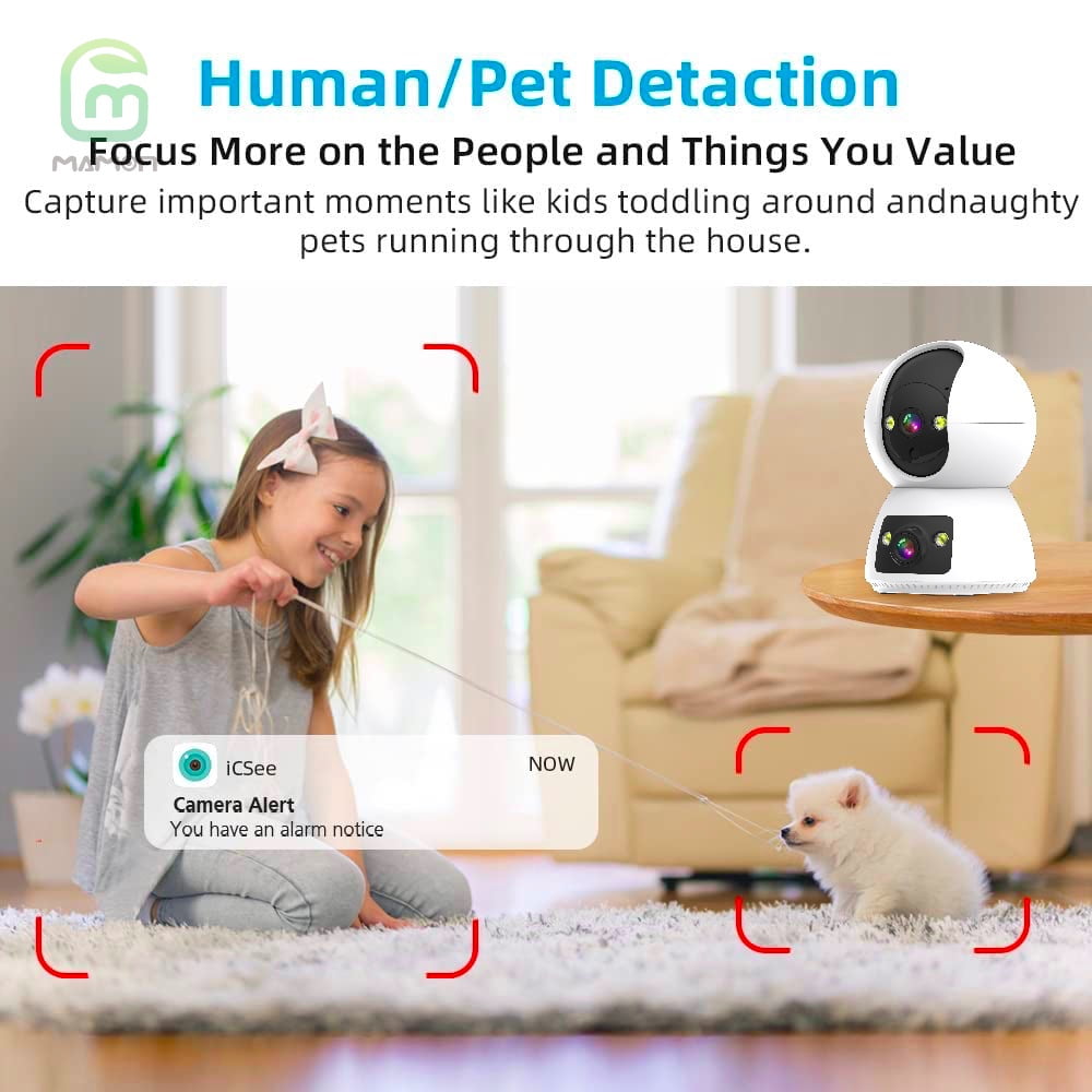 Baby Monitor Indoor Security WiFi Camera Dual Lens Dual Screen 4MP 2K Resolution with Pan Tilt Zoom/ Motion Alerts Ideal for Baby and Pet Home Security Multiple Storage Options Work with Alexa