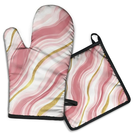 Pink and Gold Marble Texture Kitchen Oven Mitt and Pot Holder Sets 2 Pcs for Baking, Cooking and Grilling, Heat Resistant Up To 392 °F
