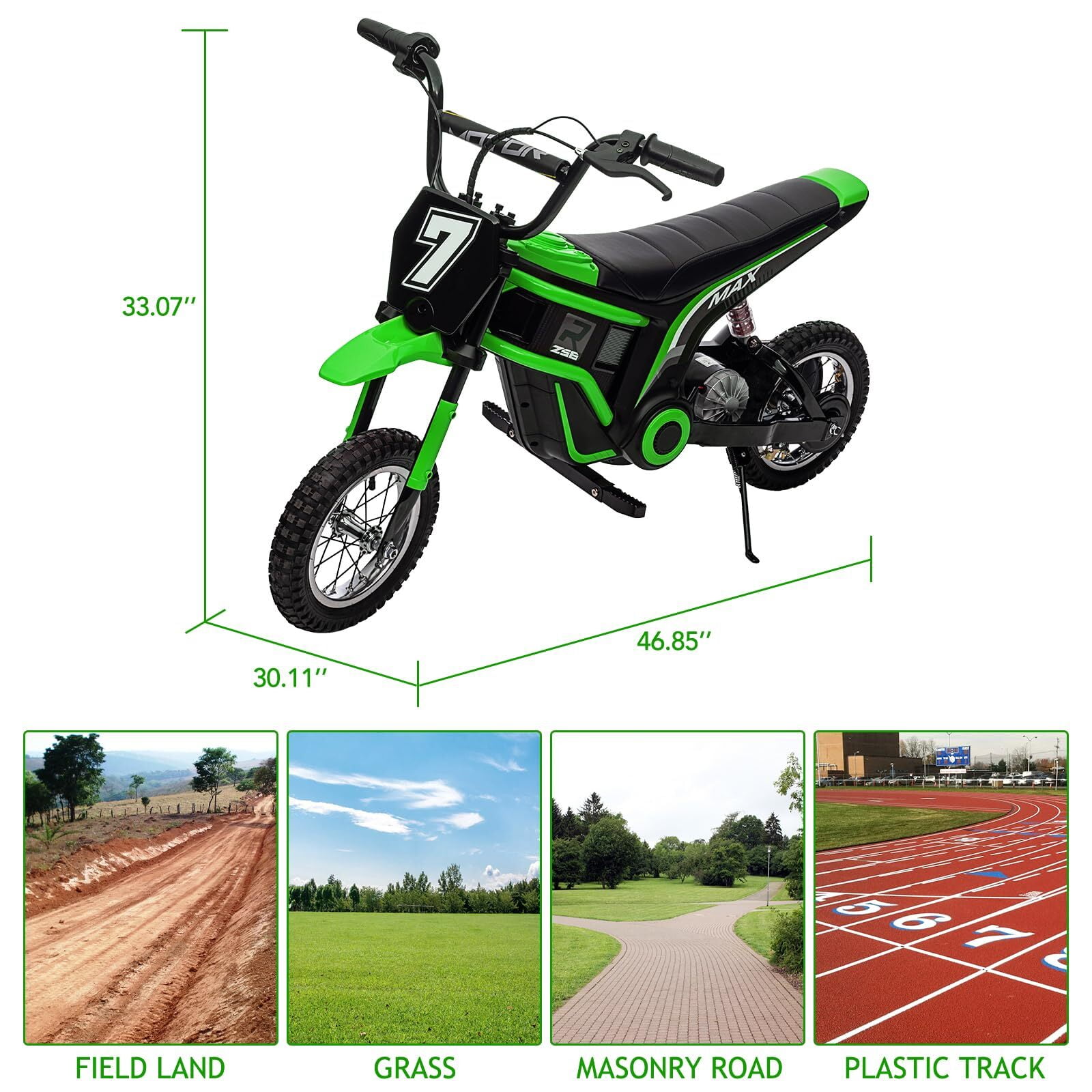 Garvee Electric Kids Dirt Bike, 12V 350W Ride on Motorcycle, High Spped Up to 14.29 MPH, 3-Speed Modes Off-Road Bike for 5-12 Years, Max Weight 135 lbs. (Green-7)