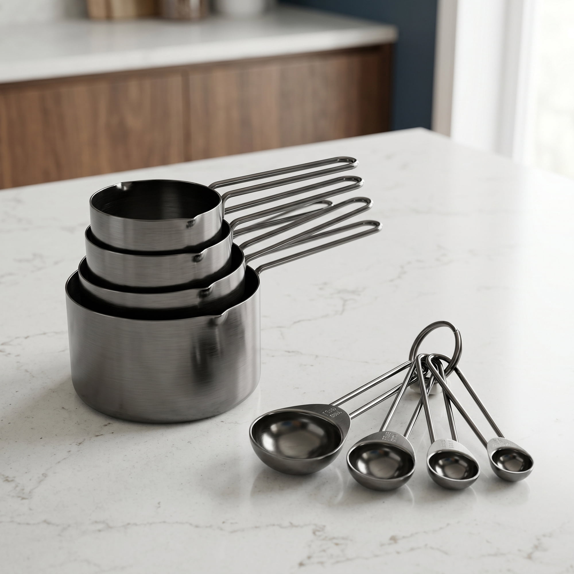 Unique Bargains Stainless Steel Stackable Measuring Cups and Spoons Set Black 8Pcs