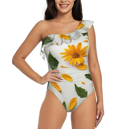 Sikiie Sunny Yellow SunFlower Print Women One Piece Swimsuits Tummy Control One Shoulder Bathing Suits Ruffle Swimwear  From S to XXL-Large