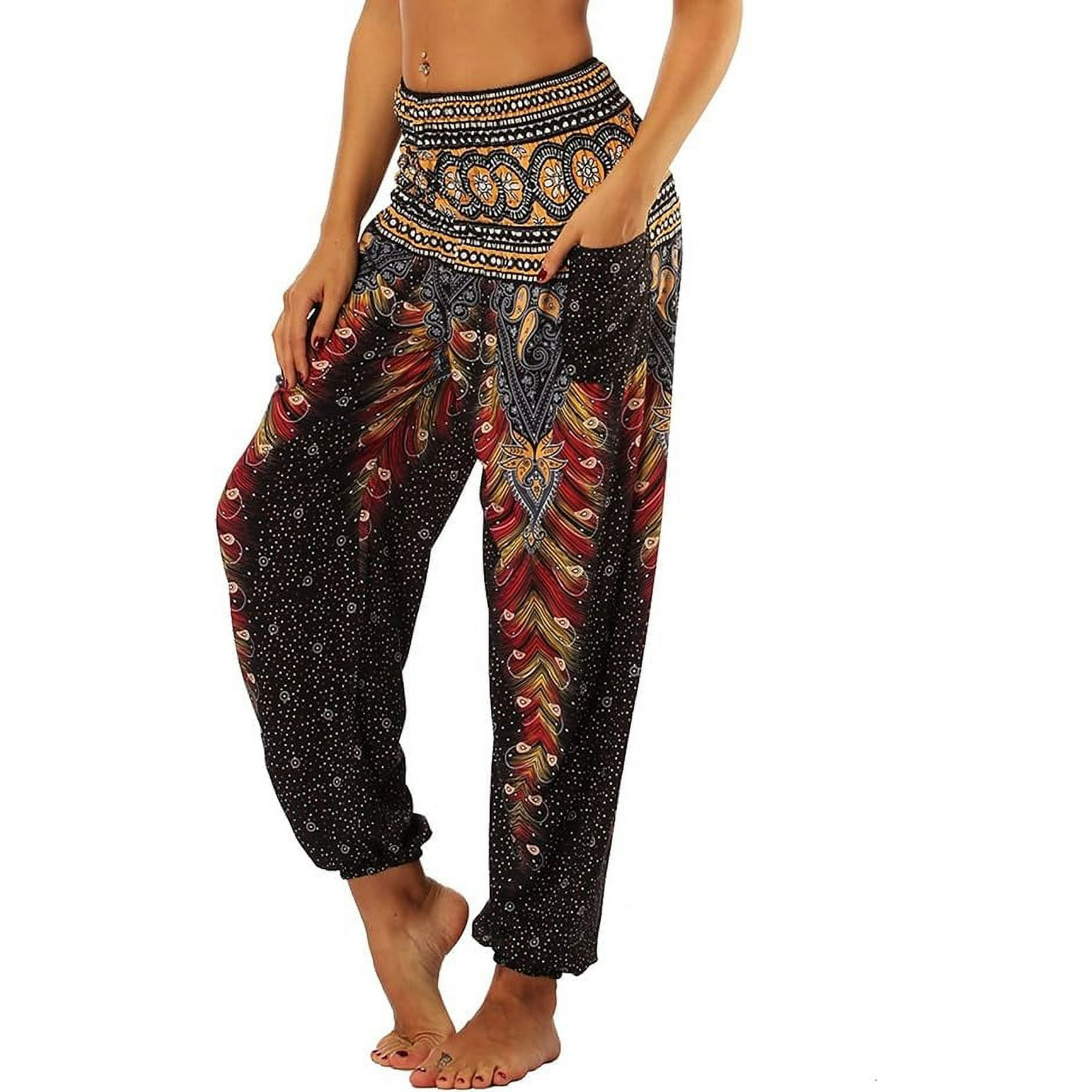Women s Harem hippie pants Loose Bohemian pattern high waist pleated waist slim pocket casual pants Yoga Summer Beach Uniform size Walmart