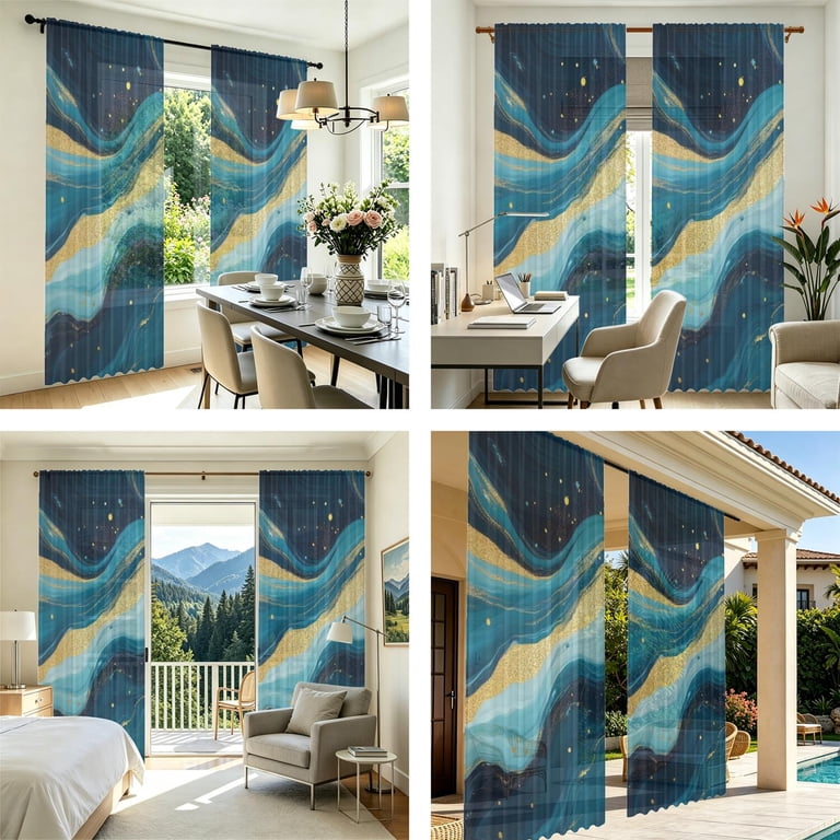 Blue and Gold Marble Pattern Sheer Curtains, Voile Drapes with Dual Rod ...