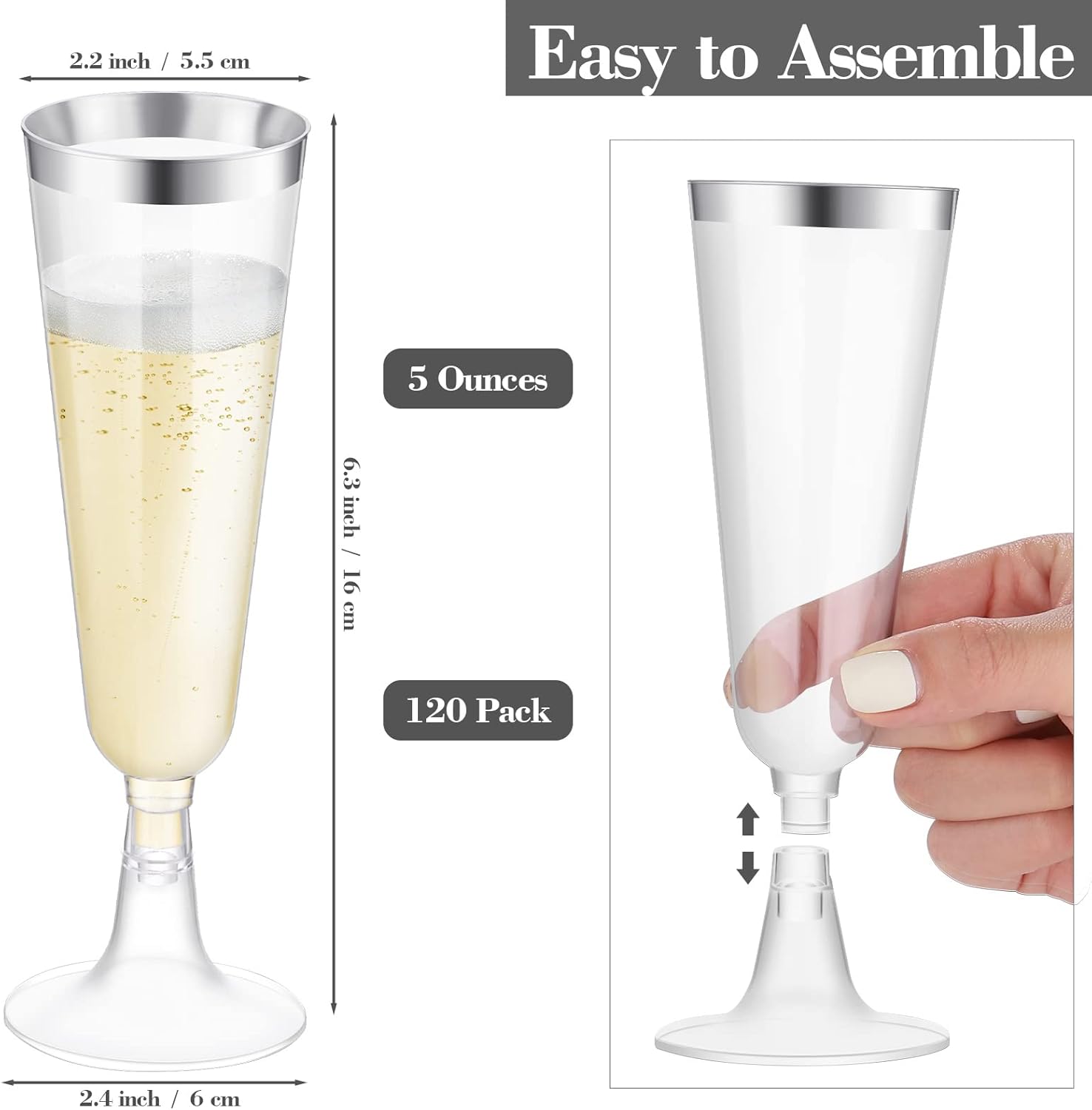 120 Pack 5 Ounces Plastic Champagne Flutes Disposable Plastic Champagne Glasses for Parties Clear Toasting Flutes Cocktail Cups for Wedding, Anniversary, Birthday (Gold)
