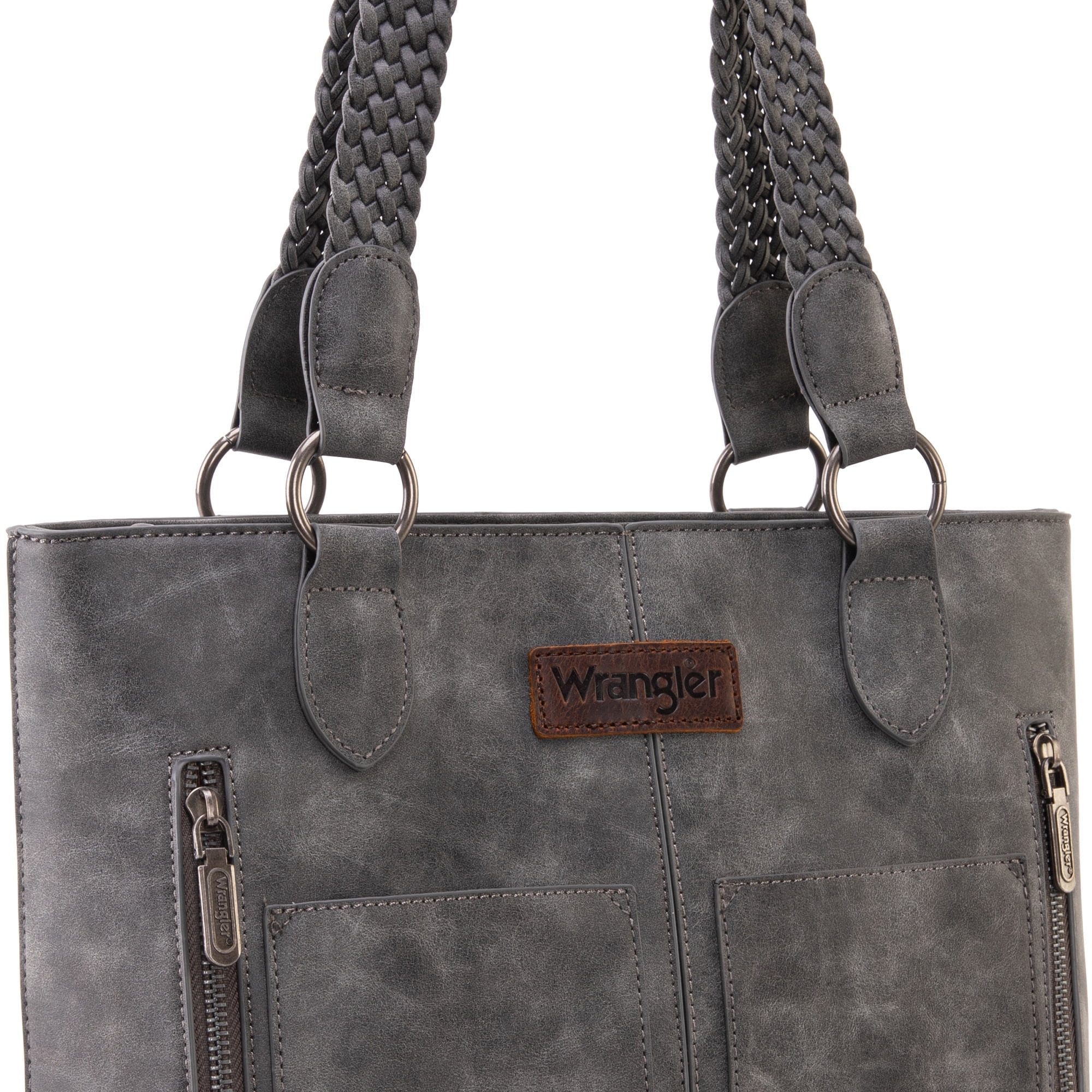Wrangler Distressed Tote Bag for Women Western Purse Multi Pockets Handbags and Shoulder Bag, Braided-frost Grey