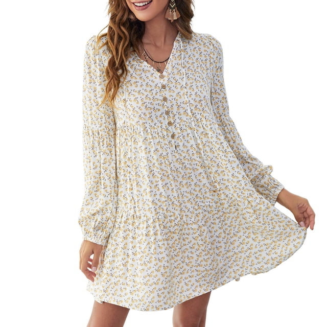 Vestido, Vestido floral de mujer de manga larga con cuello en V Mini vestido suelto de vacaciones Tomshoo Amarillo/XX-grande