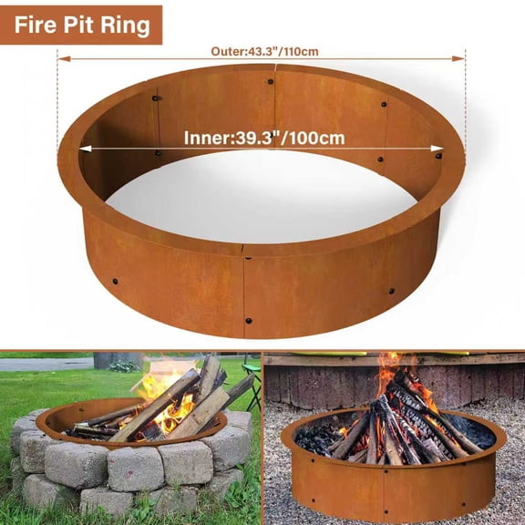 39" Fire Pit Ring for DIY Campfire Wood Burning Round Insert Fire Pit Liner for Outdoor Camping Cooking Bonfire Above or In-Ground, Heavy Duty Solid Metal, Easy Assembly, Rusty