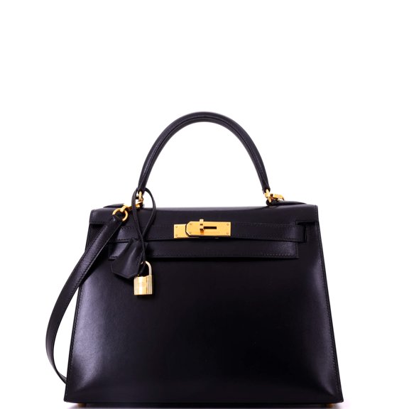 Pre-Owned Kelly Handbag Noir Box Calf with Gold Hardware 28 By Rebag