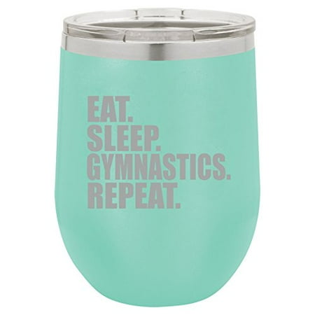 

12 oz Double Wall Vacuum Insulated Stainless Steel Stemless Wine Tumbler Glass Coffee Travel Mug With Lid Eat Sleep Gymnastics Repeat (Teal)