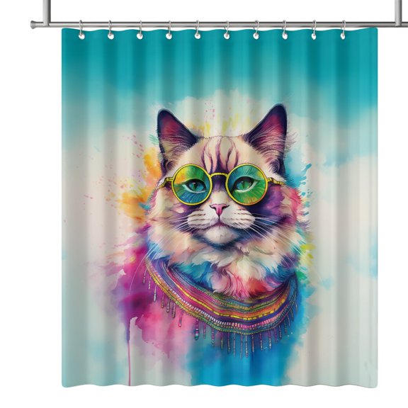 Hippie Ragdoll Portrait oil painting Watercolor Tie-dye Vintage Shower Curtain Cat Lover Kitten Owner Gifts Idea Waterproof Bathroom Bathtub Curtain - 00015