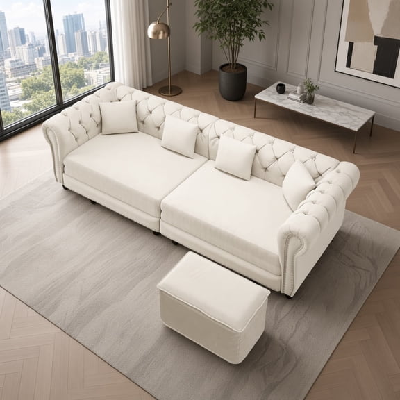 Chesterfield Sofa Bed, 89" Convertible Sleeper Sofa with Pull-Out Bed & Chaise Lounge, 3-in-1 King Size Couch with Movable Ottoman, Velvet 3-Seater, Beige/White