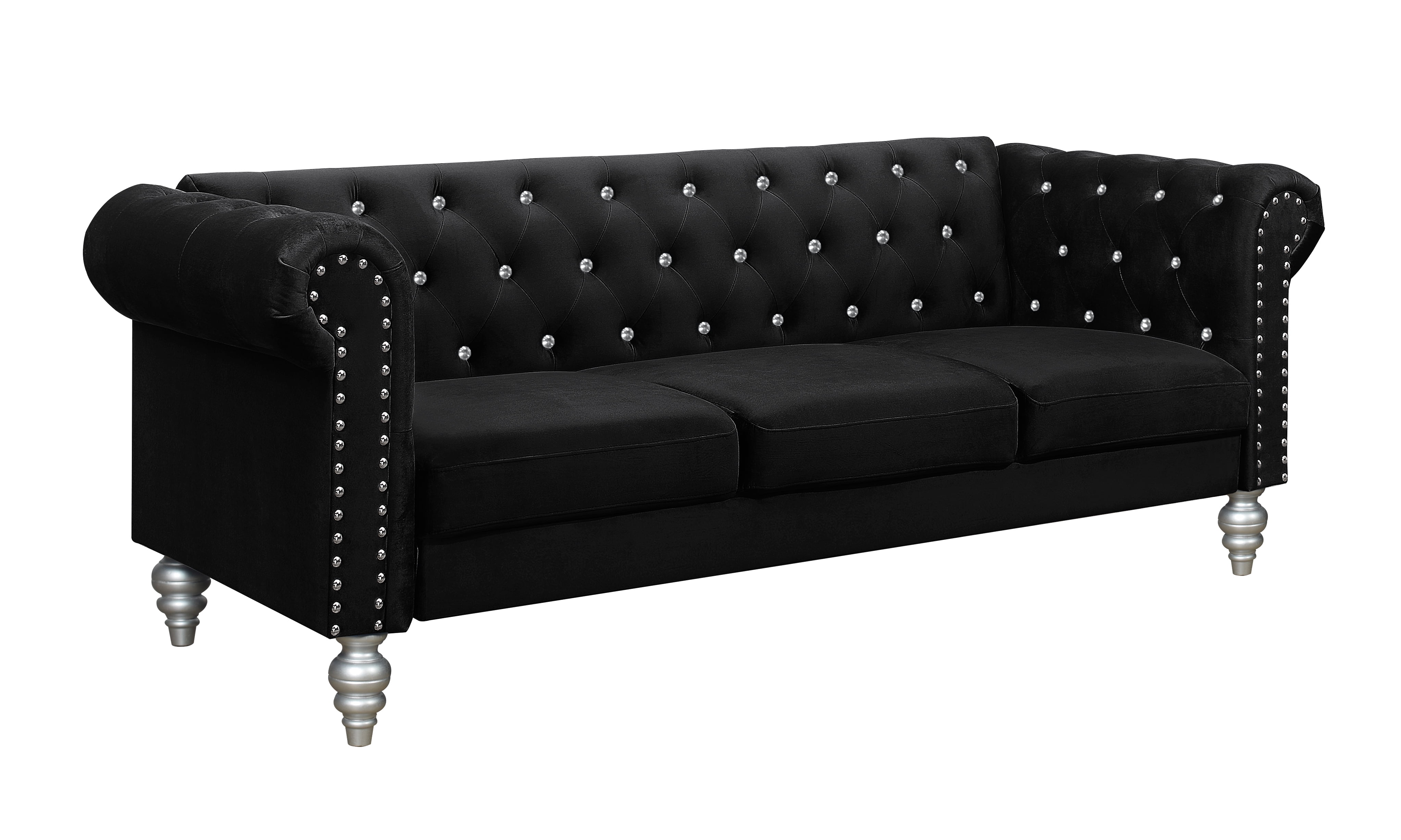 Home Design Emma Contemporary Velvet Rolled Arm Chesterfield Sofa with Diamond Button Tufted Back and Nailhead Trim, Wood-Turned Legs, Modern Luxury, Black