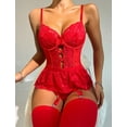 thumbnail image 3 of Women's Snap Crotch Lingerie Set with Garter Belt Floral Lace Bodysuit with Panty Deep V Neck Teddy Babydoll Bodysuit Underwear Red L, 3 of 5