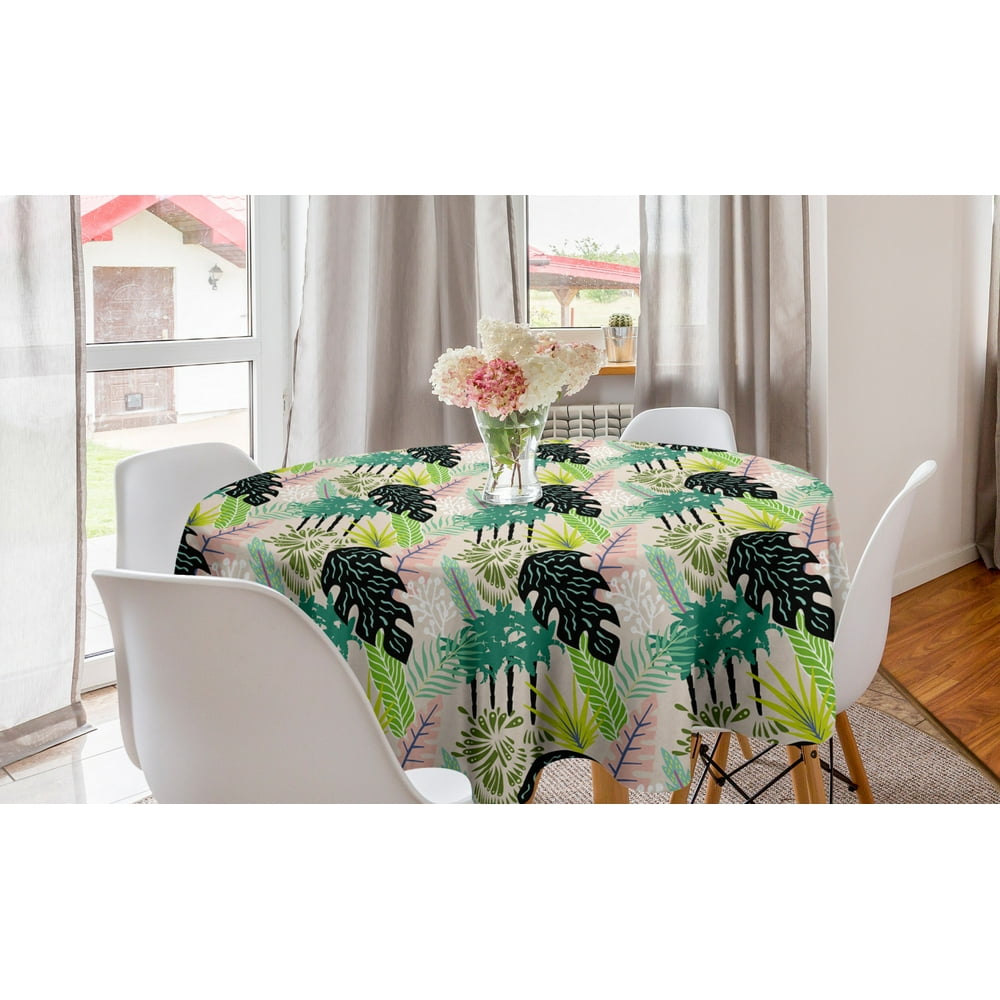 Botanical Round Tablecloth, Jungle Tropical Palm Leaves Banana Tree