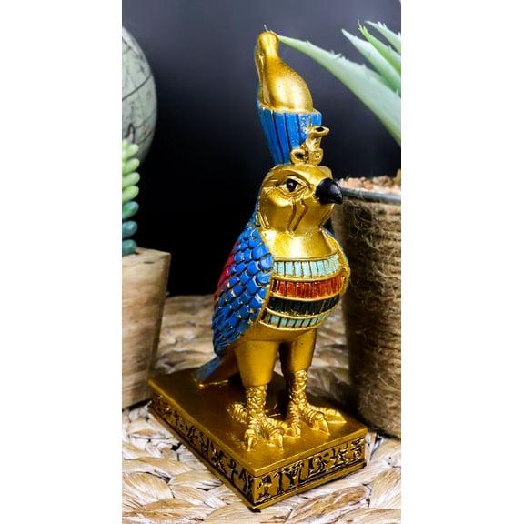 Egyptian God Horus Falcon Bird With Pschent Crown On Royal Pedestal Figurine