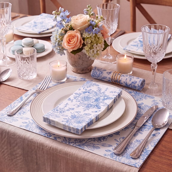 120 Pcs Blue Floral Disposable Decorative Napkins for Wedding, Bridal & Baby Shower, Tea Party