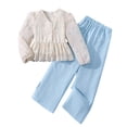thumbnail image 3 of Afdoent Girls 2 Piece Outfits Lace Blouse Top Solid color Loose Casual Wide Leg Long Pants Outfit, 3 of 4