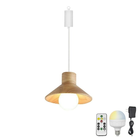 

FSLiving Dimmable Hanging Light with Rechargeable Battery Operated LED RGB Bulb Hollow Wooden Shade Retro Design Pendant Light Color Changing Timing Lamp for Bar Courtyard Camping - 1 Lamp