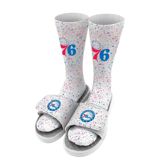 Men's ISlide White Philadelphia 76ers Team Logo Speckle Socks & Slide Sandals Bundle