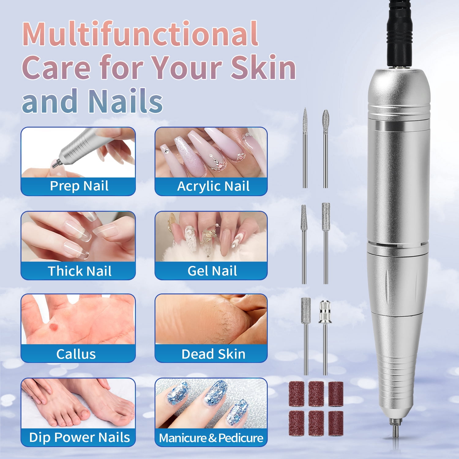 Professional 45000RPM Nail Drill Machine for Acrylic & Gel Nails, Rechargeable Electric Nail File with LCD Display, Low Noise, Portable E-File Tool