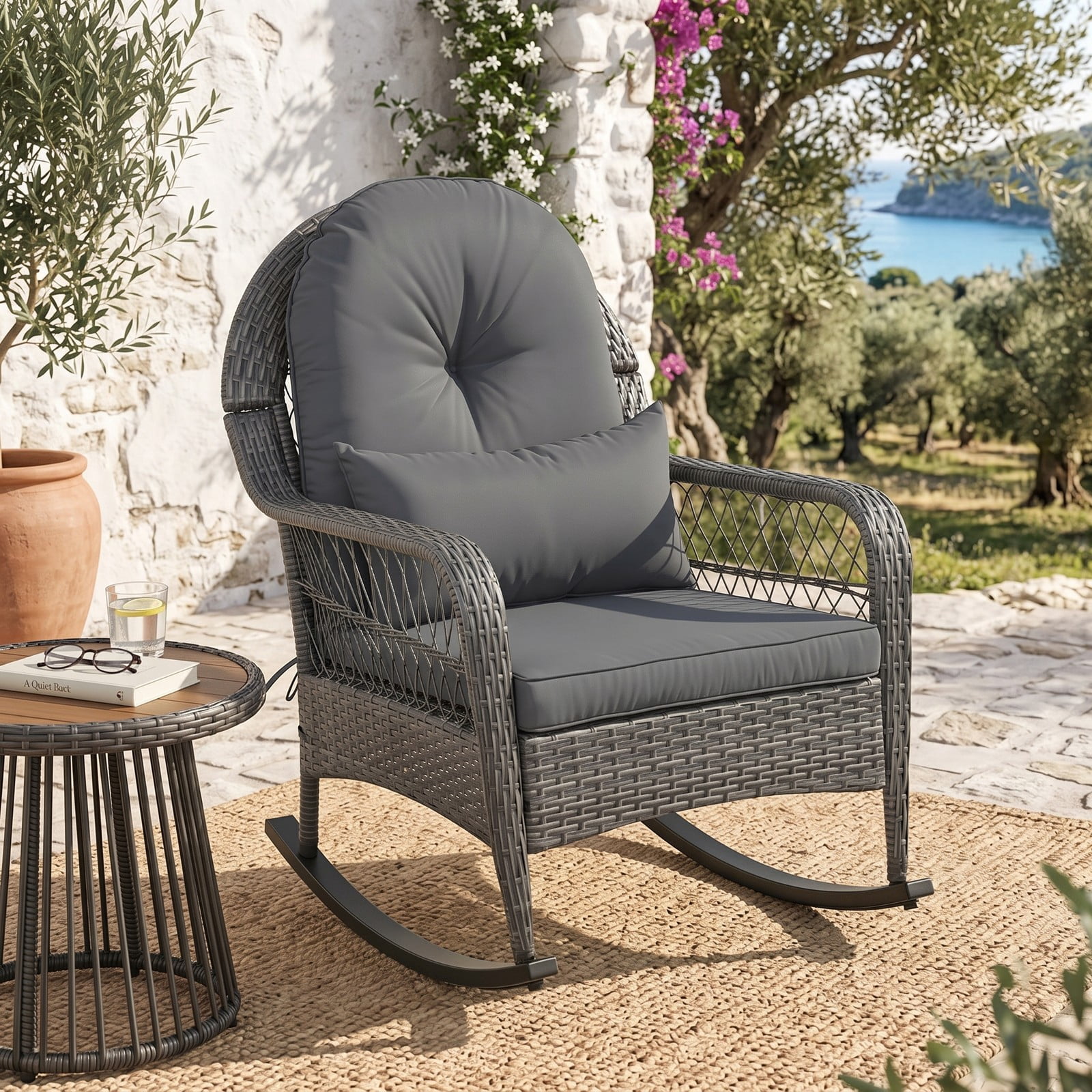Furnibear 400 LBS Patio Rattan Rocker Chair, Outdoor Glider Rocking Chair with Anti-Tip Stoppers, Thick Seat & Lumbar Cushions, Ergonomic PE Wicker Porch Chair, Gray