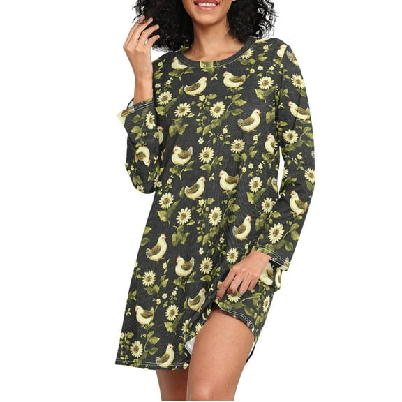 joogoo Chicken and Flower Women's Long Sleeve Nightgown Sleepwear L