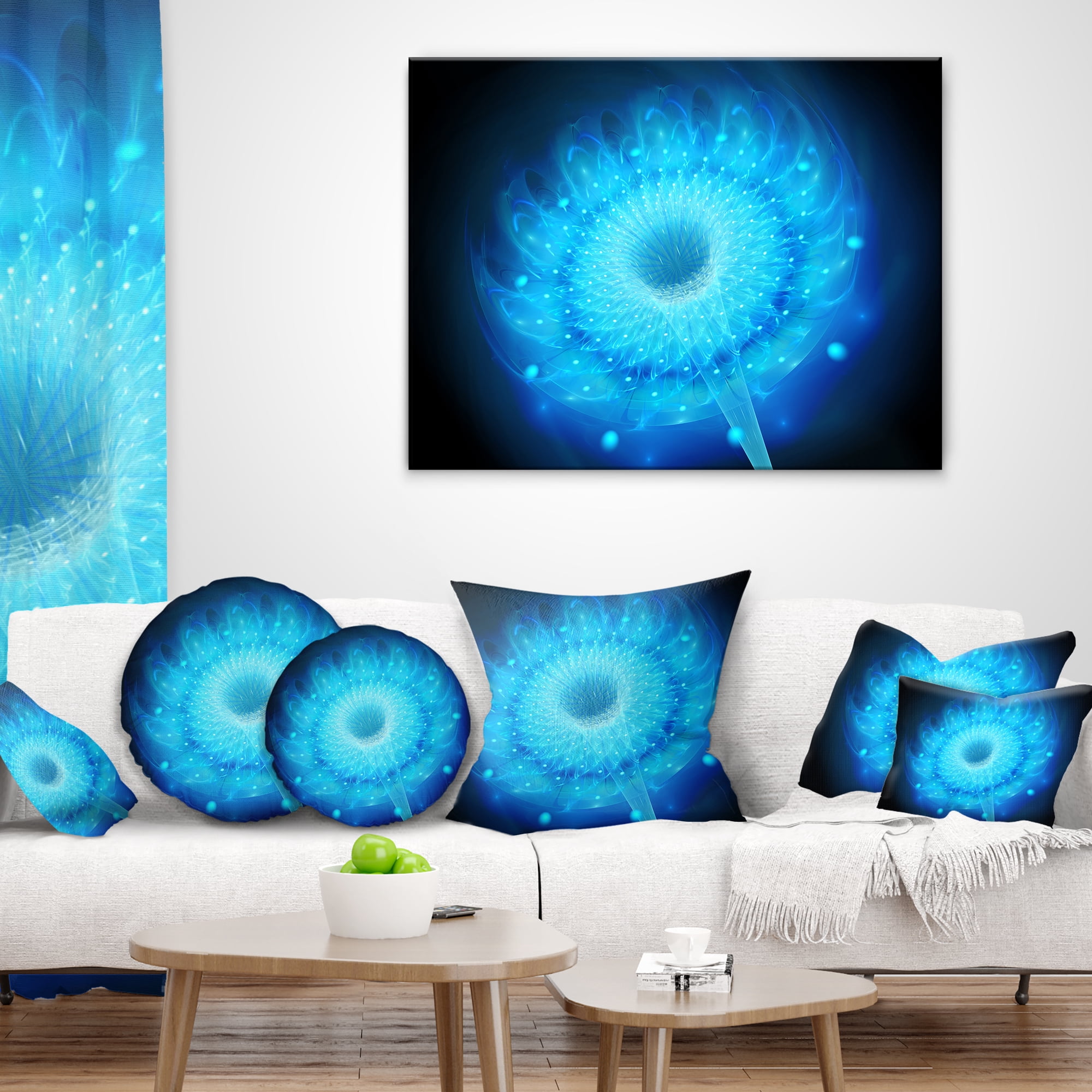 Designart Glowing Blue Fractal Flower on Black - Floral Throw Pillow - 18x18