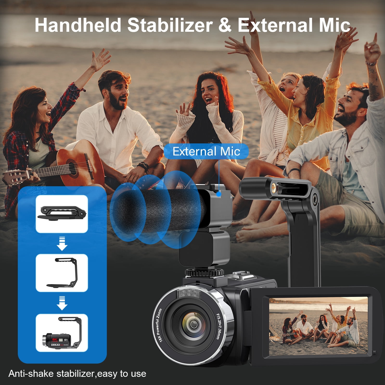 Video Camera for Youtube 8K Camcorder 64MP Wifi Vlogging 18X Zoom IR Night Vision 3.0'' Touch Screen Digital Camera