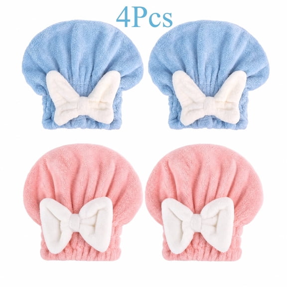 4 Pack Microfiber Hair Towel Wraps for Women, Quick Drying Absorbent Hair Drying Turbans with Bow, Pink & Blue Soft Hair Towels for Bathroom Daily Use