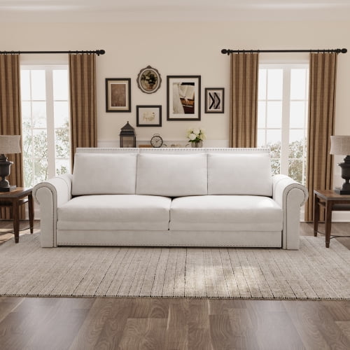 93.7" King Pull Out Sofa Bed, 3-in-1 Convertible Sleeper Sofa with Nailhead Trim and Rolled Arms, Velvet Chesterfield Couch for Living Room Apartment, Beige and White