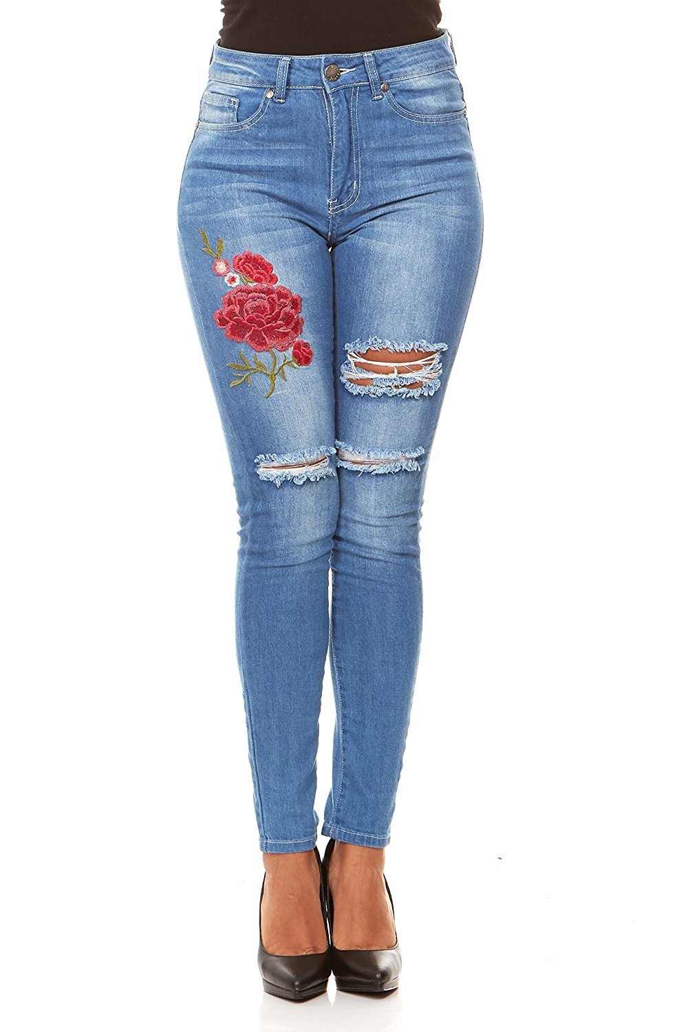 VIP Jeans for women | Ripped and Distressed High Waisted Slim Fit Skinny Stretchy jeans with Flower Embroidery | Junior sizes stylish colors and washes - image 1 of 4