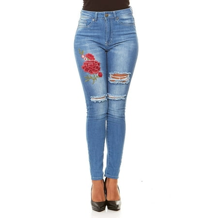 VIP Jeans for women | Ripped and Distressed High Waisted Slim Fit Skinny Stretchy jeans with Flower Embroidery | Junior sizes stylish colors and