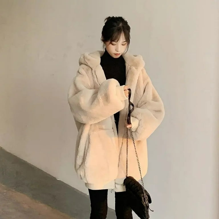 DanceeMangoo Winter Women Faux Rabbit Fur Hooded Coat Casual Solid Color  Warm Faux Fur Jacket Woman Fashion Zip Thick Furry Overcoat