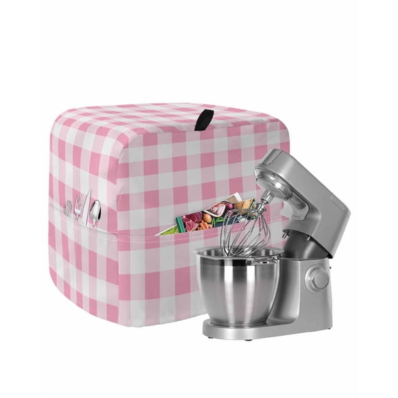 Pink Checkered Stand Mixer Dust Cover with Storage Pocket & Handles, Pink White Buffalo Plaid Fits All Tilt Head & Bowl Lift Kitchen Appliance Cover Organizer Bag Accessories, 4.5-5 Quart
