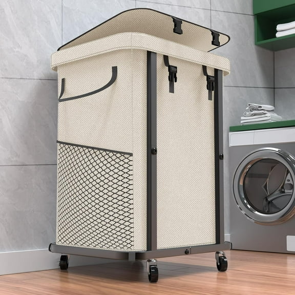 40 Gal(150L) High Grade Large Laundry Basket with Wheels, Rolling Laundry Hamper, Laundry Cart with Metal Frame and Removable Bag Design, Suitable for Laundry Room, Bedroom, Dorm Room (White, 150L)