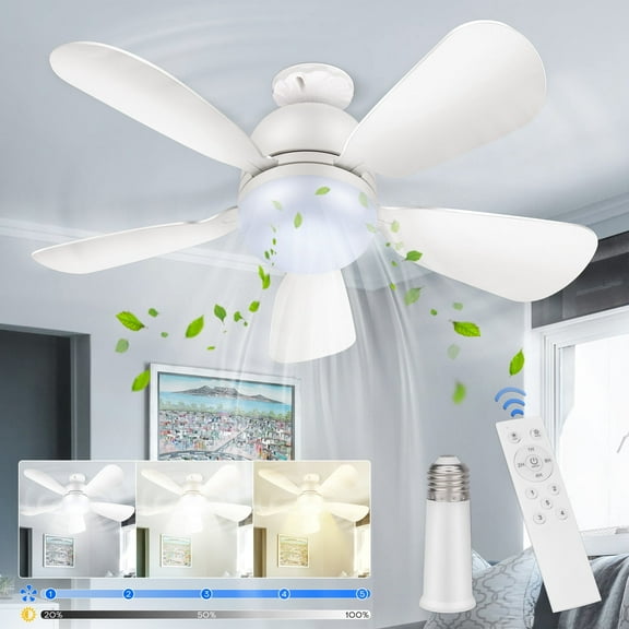 Socket Fan Light with Remote: Small Ceiling Fans with Light, Dimmable Led Bulb, 3 Colors 3000K-6500K, Easy Install Screw in E26 Base for Bedroom Living Room Kitchen Garage