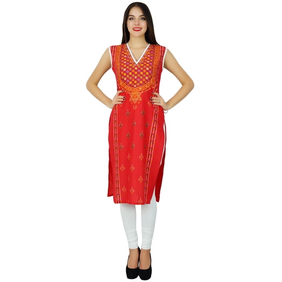 Bimba Womens Sleeveless Straight Cotton Kurta Printed Kurti Indian Summer Clothing