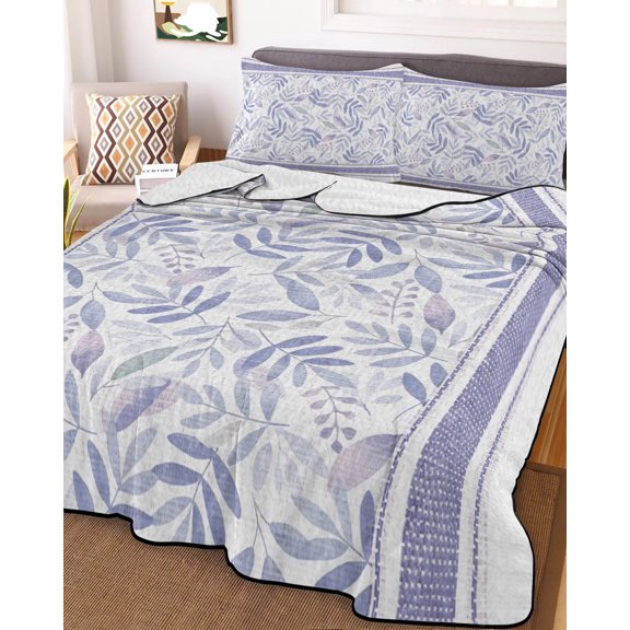 Twin Quilt Bedding Set, Pastoral Purple Leaves Lightweight Coverlet Summer Comforter Set Soft Microfiber Bedspread, Watercolor Stripes 3 Piece Quilt Set with 2 Pillow Shams