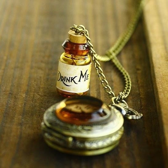 RETRO DRINK ME DRIFT BOTTLE POCKET WATCH NECKLACE ALICE IN