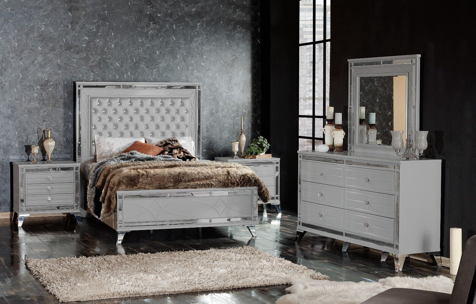 5pc Modern Luxury King Light Gray Tall Queen Bed w/LED Dresser Mirror Nightstand Set