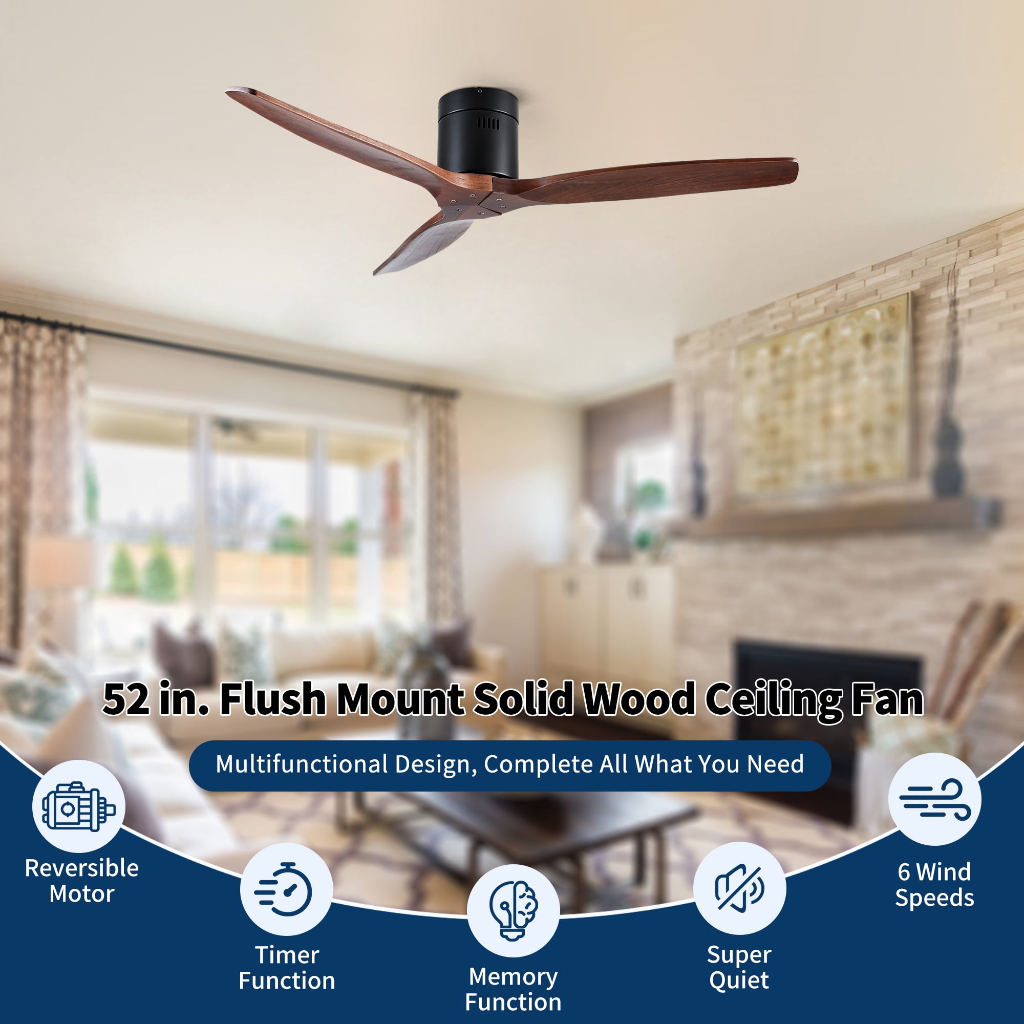 Leumius 52" Indoor Farmhouse Rustic Ceiling Fan Matte Black with 3 Solid Wood Blade Remote Control Reversible DC Motor for Living Room Bedroom
