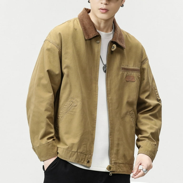 YLSDL Men s Corduroy Collar Canvas Jacket Vintage Washed Zip Up Workwear Coats Khaki S Walmart
