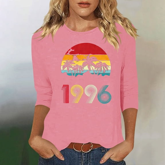 HOMBOM Womens 3/4 Sleeve Tops Summer T-Shirts Pink Graphic Retro 1996 Print Crew Neck Graphic Tees for Young Woman Basic
