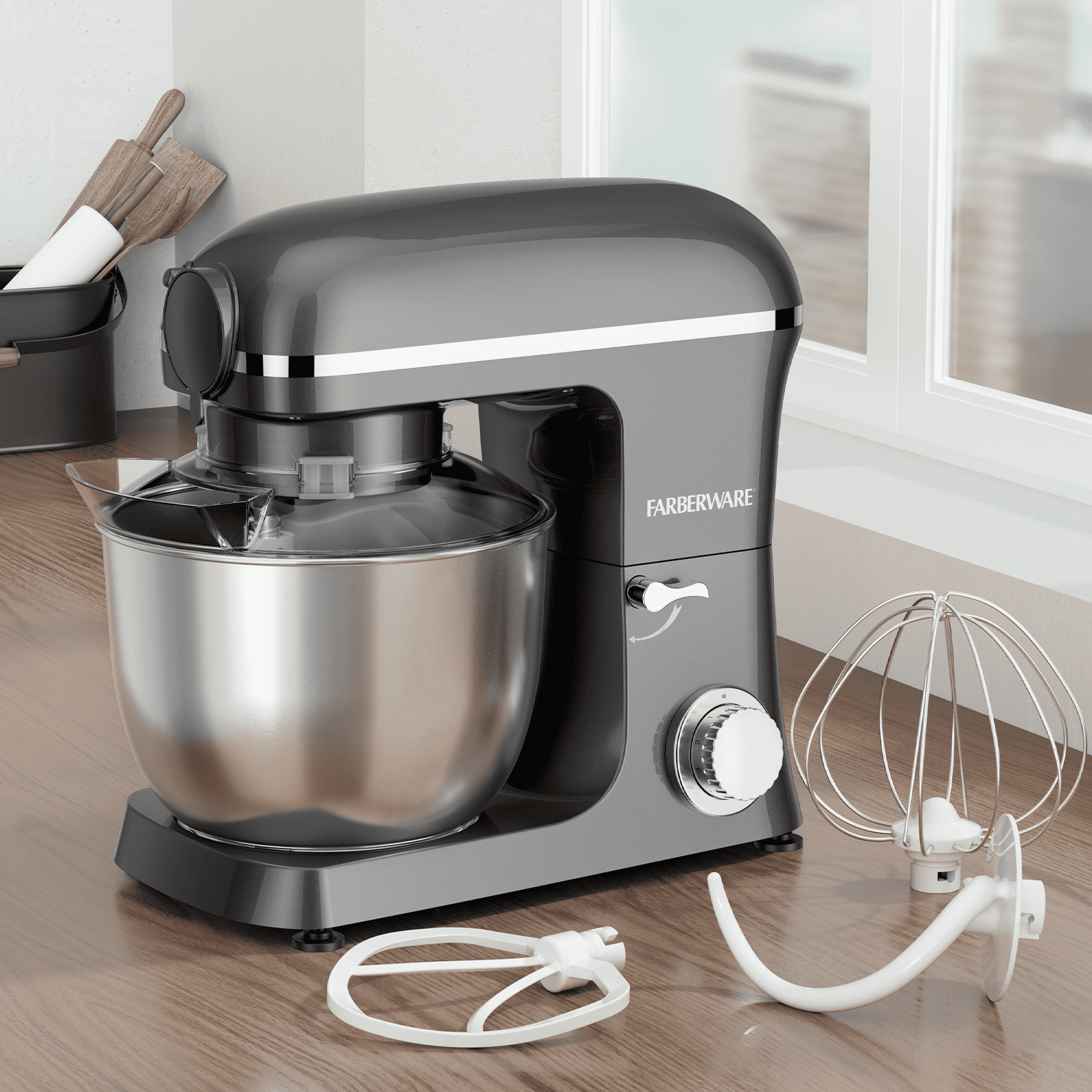 Farberware 5 Quart 600W 6-Speed Professional Stand Mixer with Beater, Dough  Hook and Whisk-New