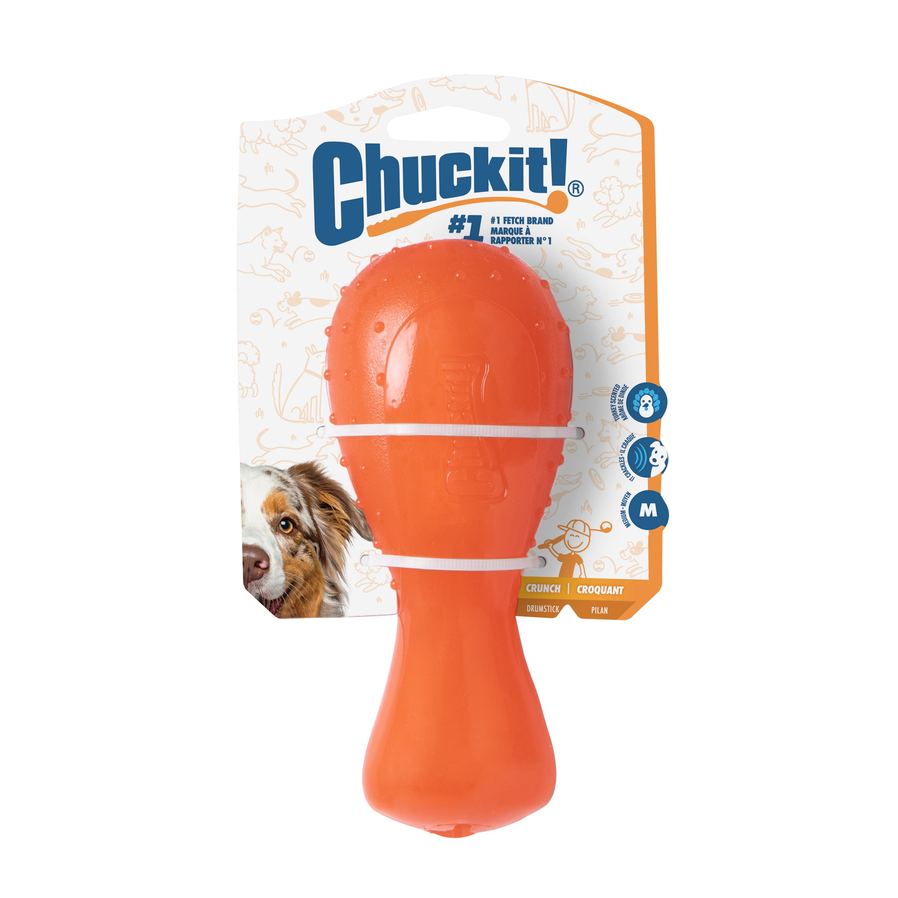 Chuckit! Crunch Drumstick Treat Puzzle Dog Toy, Medium, Orange – Turkey‑Scented Treat & Chew Toy for Dogs 20–50 lb, Pack of 1
